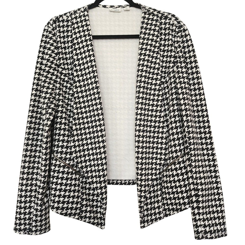 Cato Womens XL‎ Houndstooth Open Front Blazer Black White Stretch Knit Preppy